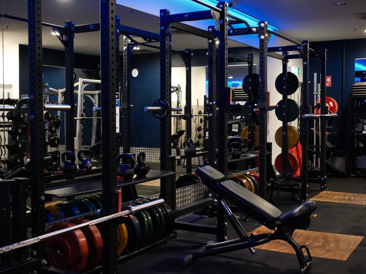 Squat racks with bumper plates and lifting platforms on the strength floor